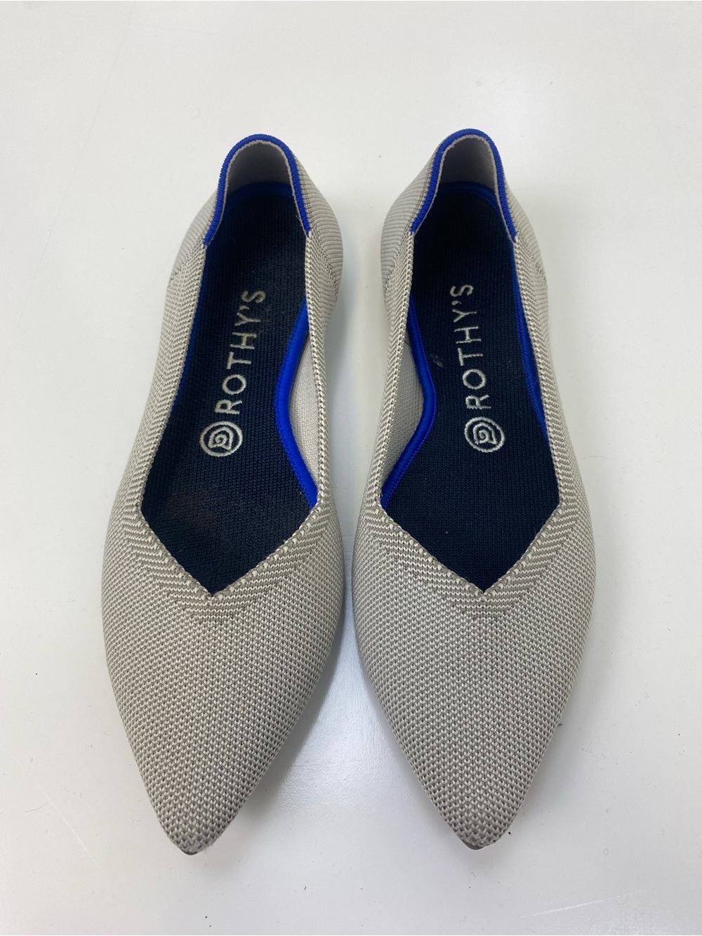 Rothy's Pointed Knit Flat in Light Gray with Blue Trim